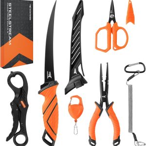 KastKing SteelStream 6pc Fishing Tool Kit, Fishing Gear Corrosion Resistant Pliers with Lanyard, Fillet Knife, Floating Fish Lip Gripper, Fishing Braid Scissors, Tool Retractor